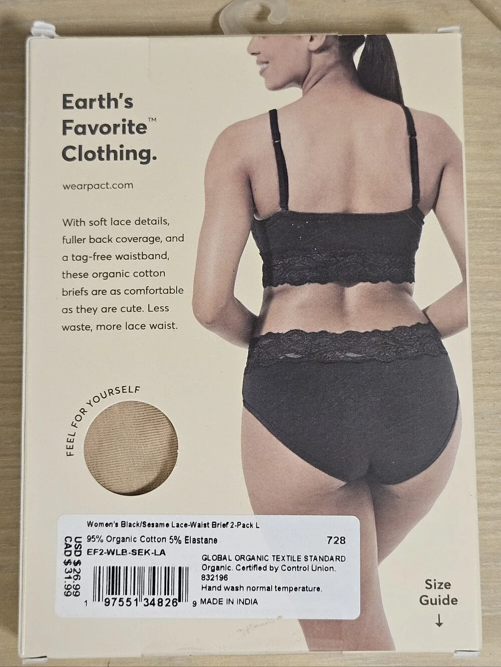 2 Pack Pact Women's Organic Cotton Lace Waist Brief LARGE Black/Pedal Patch NIB - Picture 5 of 5